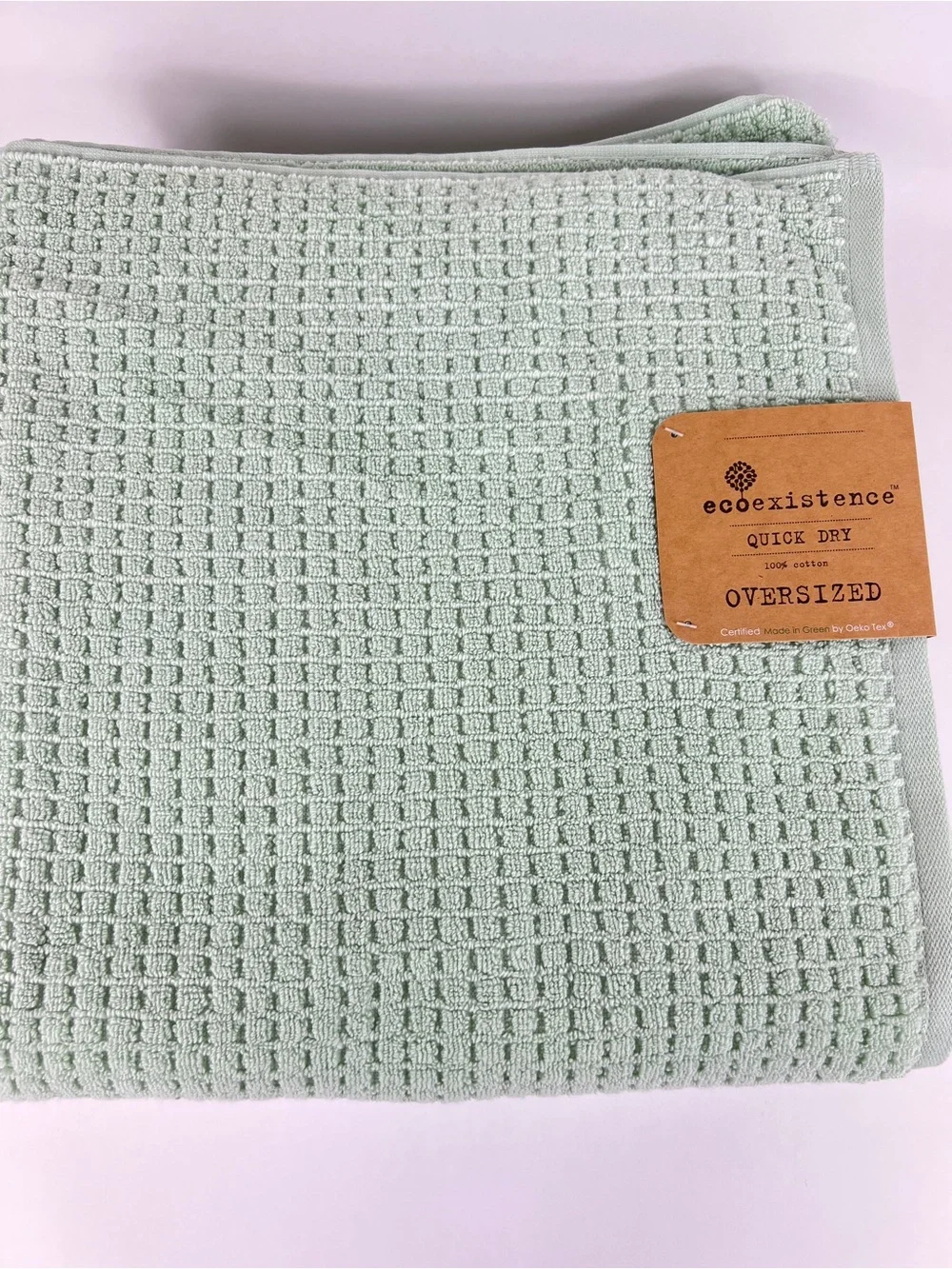 Ecoexistence Bath Towels Mint Green Waffle Weave Soft Cotton Oversized 2 Pc NEW